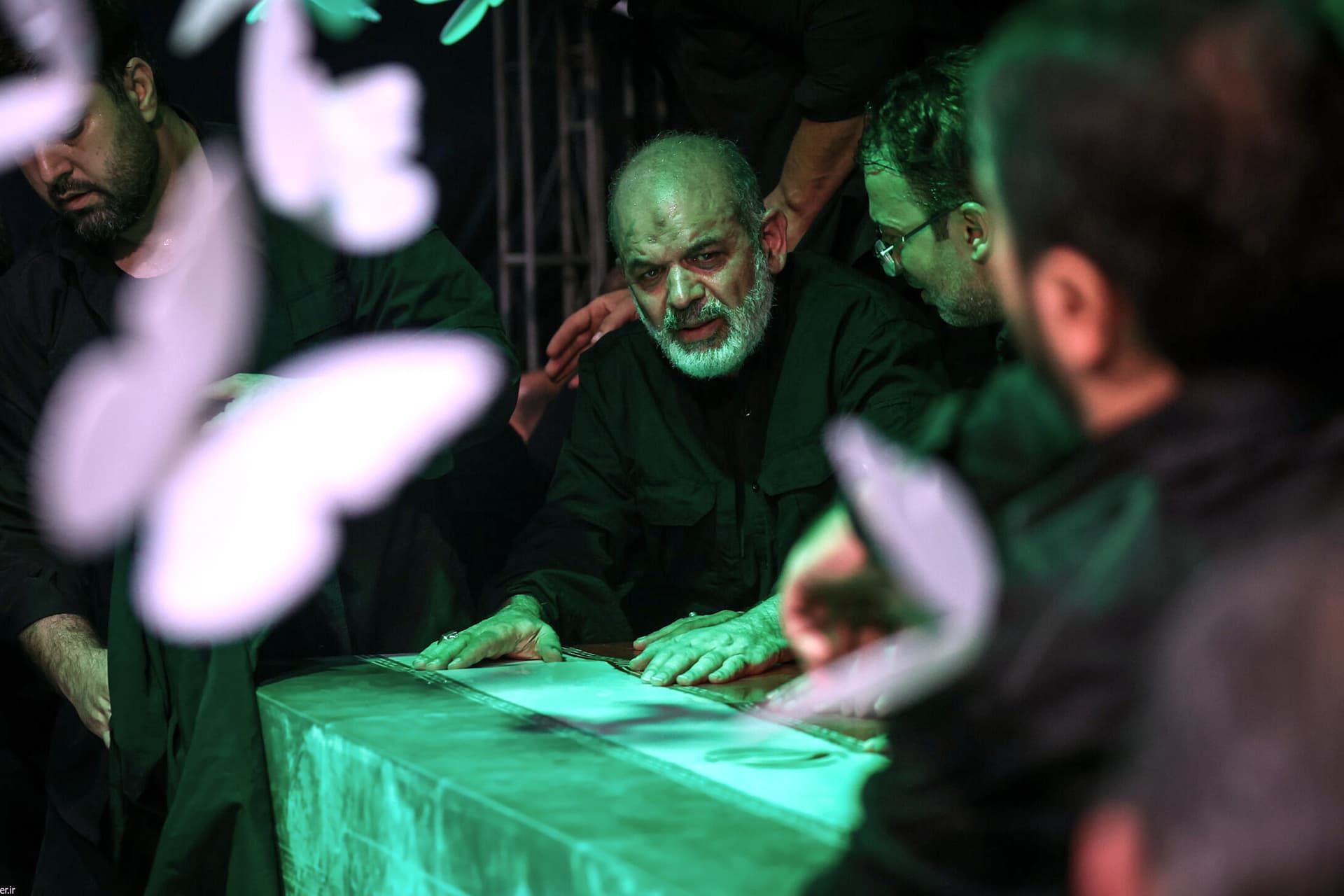 Office of the Iranian Supreme Leader via AP In this photo released by Iran's Supreme Leader's office, Iran's paramilitary Revolutionary Guard General Ahmad Vahidi sits alongside Iran's Supreme Leader Ayatollah Ali Khamenei casket as it lies in the mourning hall.