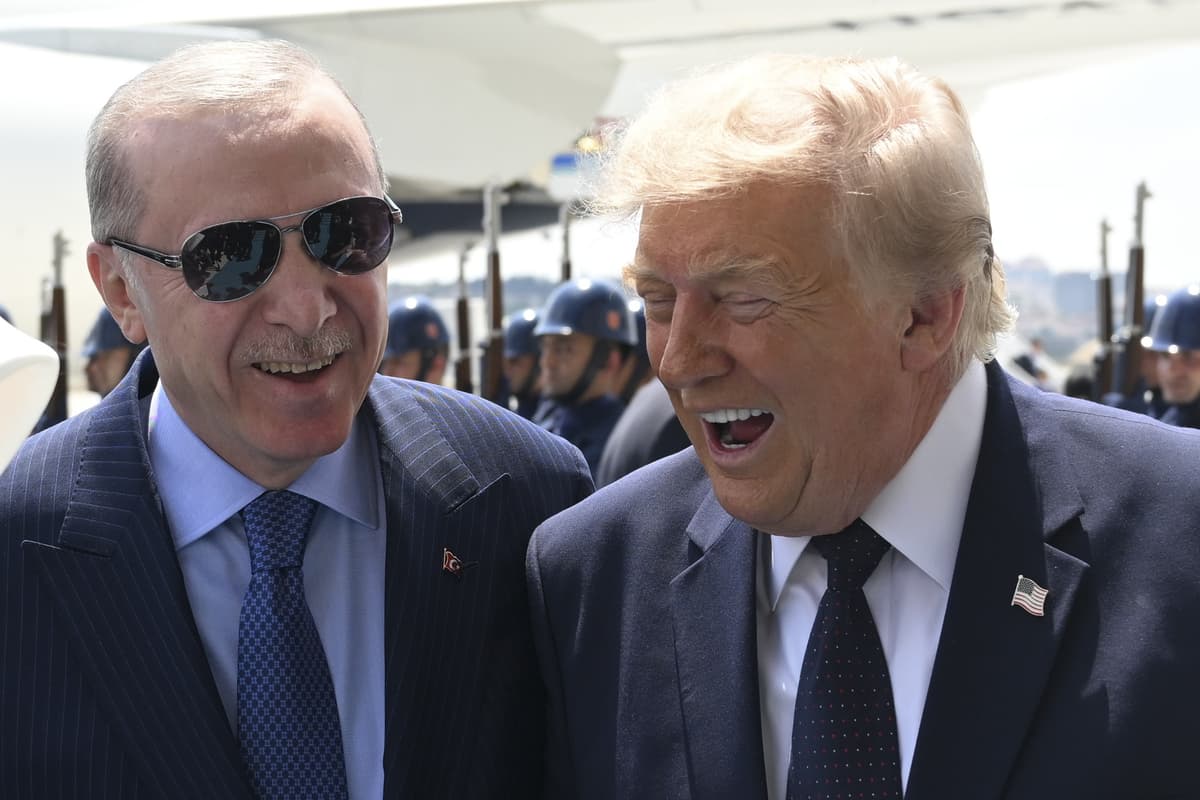 Doğukan Keskinkılıç, Pool Photo via AP President Trump speaks with President Recep Tayyip Erdogan of Turkey as he arrives for the NATO summit at Ankara on July 7, 2026.