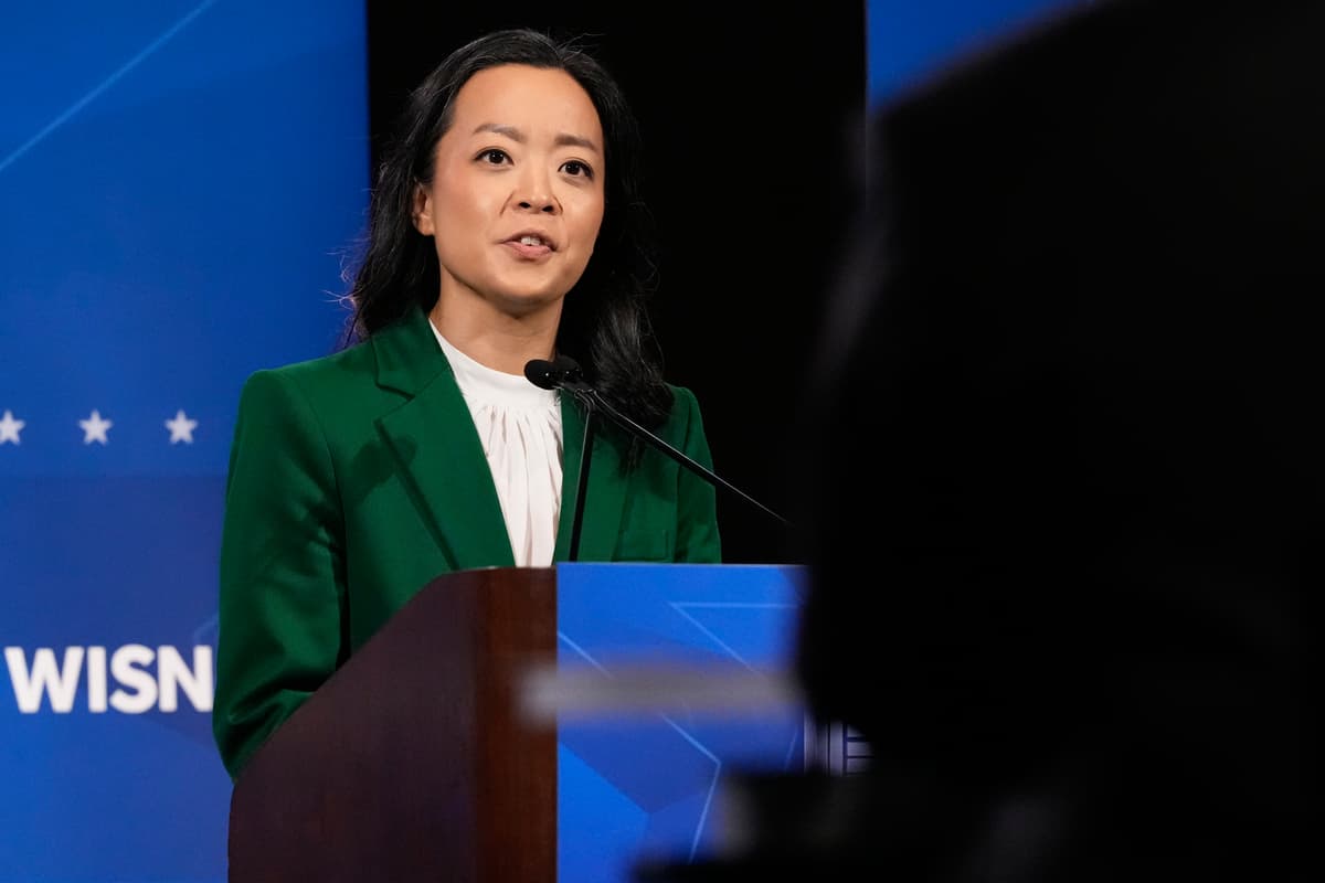 AP/Nam Y. Huh Democratic gubernatorial candidate Francesca Hong talks during a primary debate in Milwaukee, July 28, 2026.