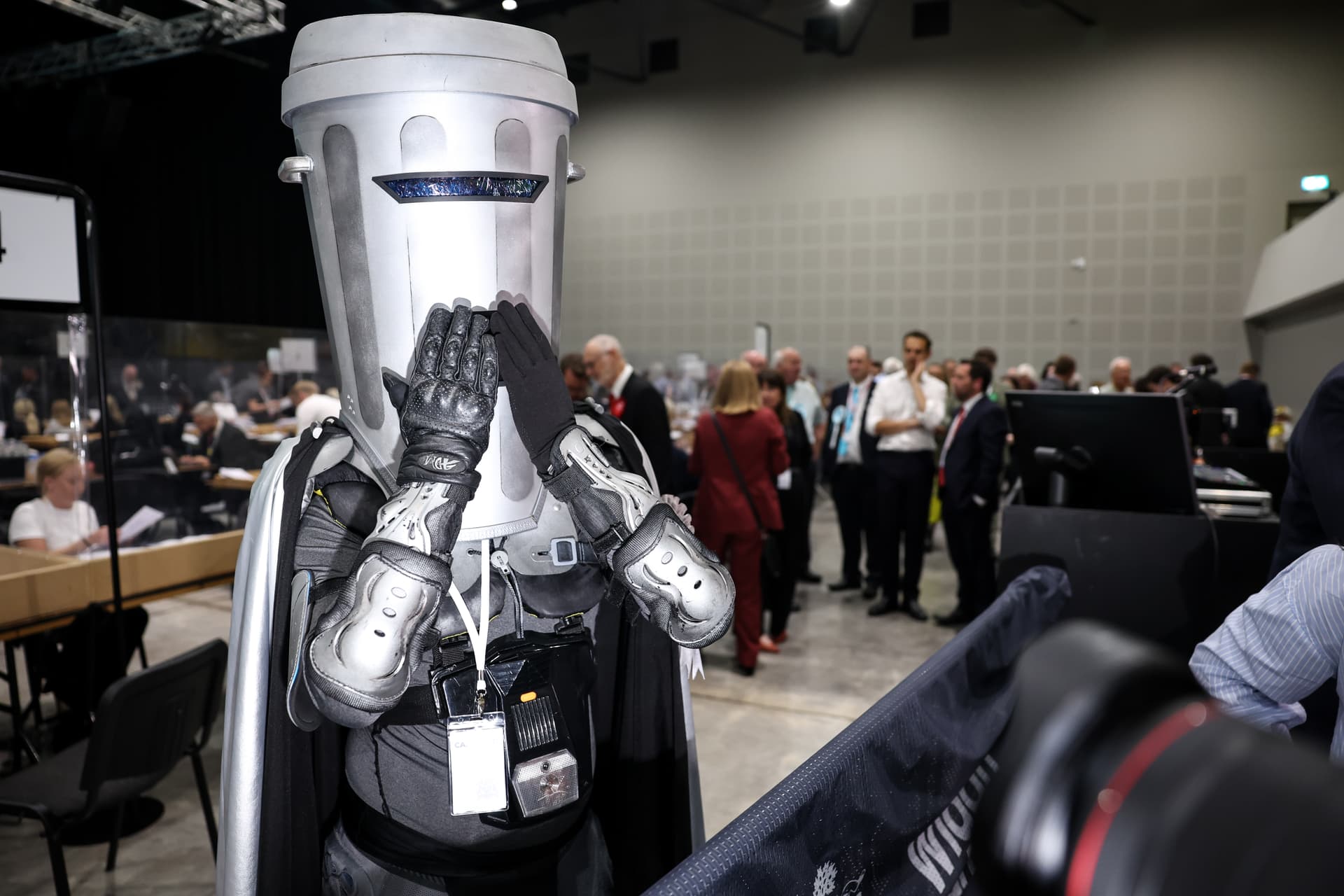 Ryan Jenkinson/Getty Images Count Binface of the Count Binface Party speaks to the media at Wigan, England, on June 19, 2026.