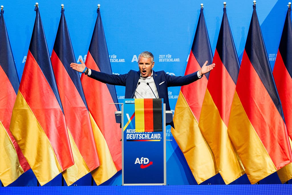 Jens Schlueter/Getty Images AfD Thuringia leader Bjoern Hoecke speaks to the delegates at the federal party congress of the far-right Alternative for Germany (AfD) political party on July 4, 2026 at Erfurt, Germany.