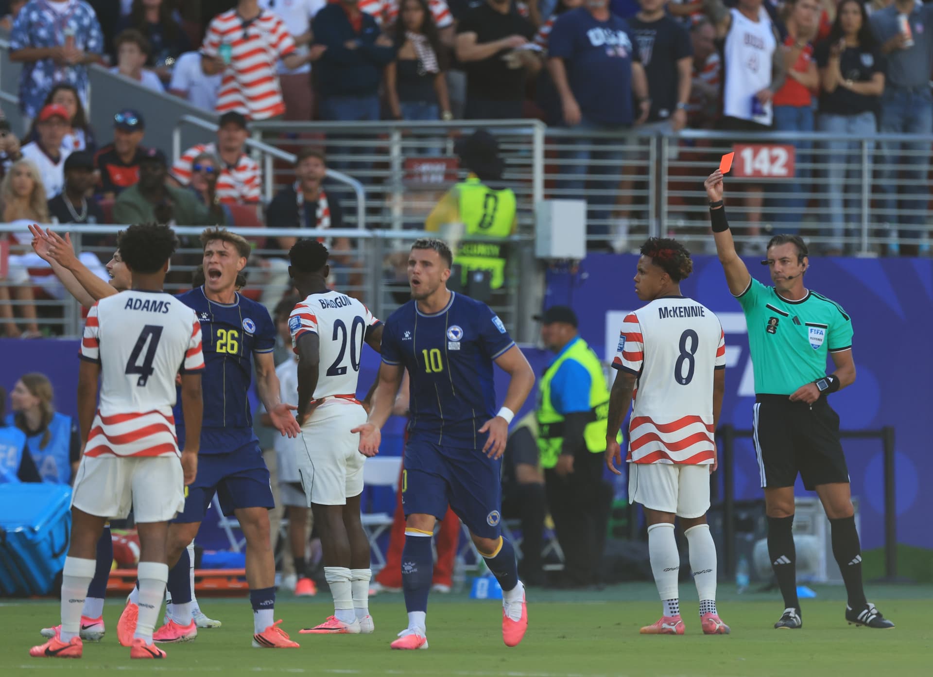 MB Media/Getty Images Folarin Balogun of the U.S. Men's National Soccer Team is shown a red card by Referee Raphael Claus during the FIFA World Cup 2026 Round Of 32 match between America and Bosnia and Herzegovina at San Francisco Bay Area Stadium at Santa Clara, California, on July 1, 2026.