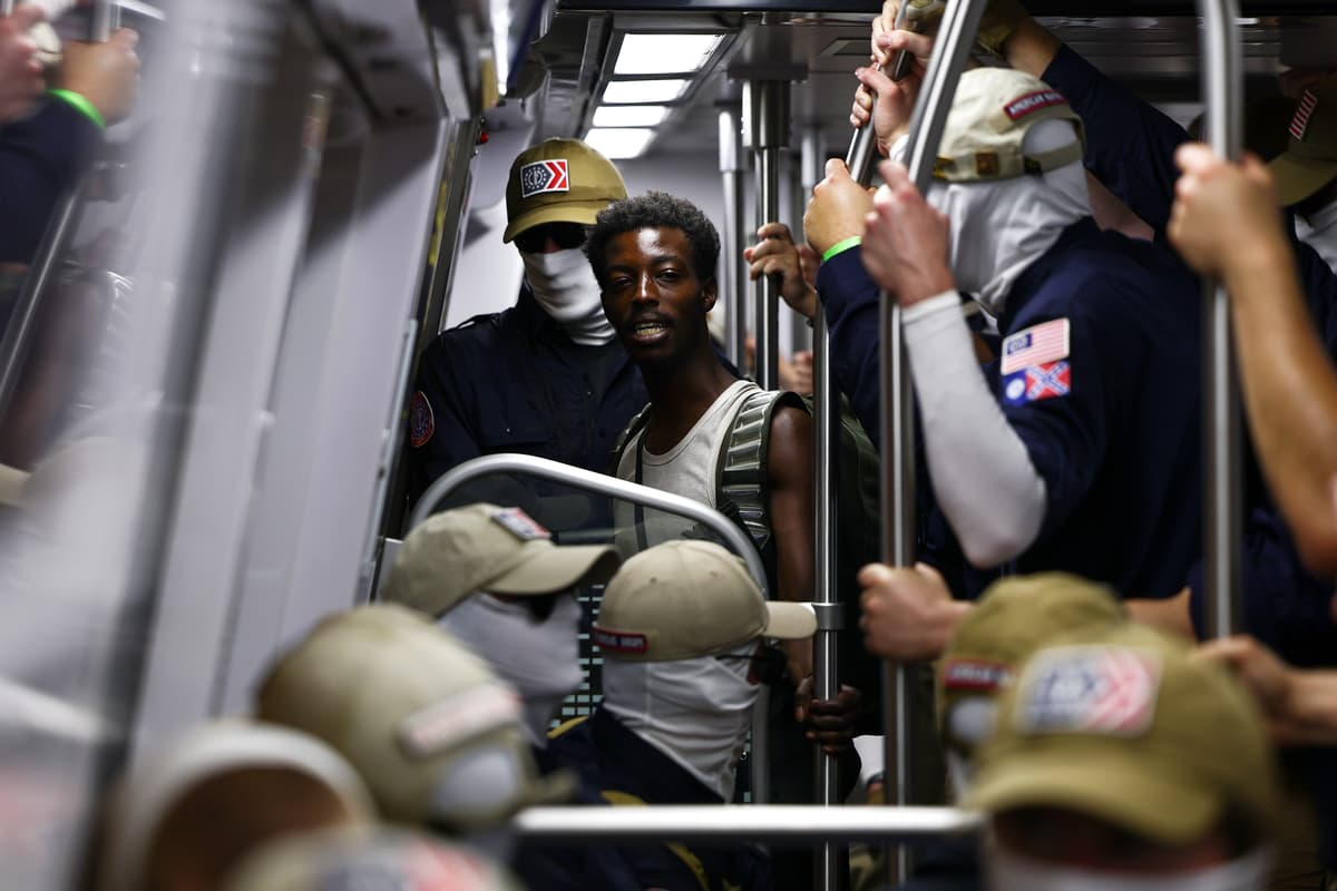 Finn Gomez/Getty Images A passenger looks on as members of the white supremacist group Patriot Front ride the Washington Metro on July 04, 2026, at Washington, DC.