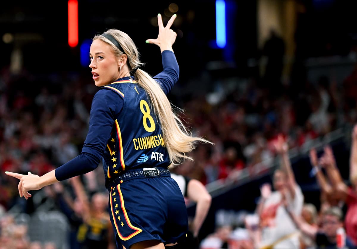 Bobby Goddin/Getty Images Sophie Cunningham of the Indiana Fever reacts against the New York Liberty during the first half at Gainbridge Fieldhouse on July 18, 2026 at Indianapolis.