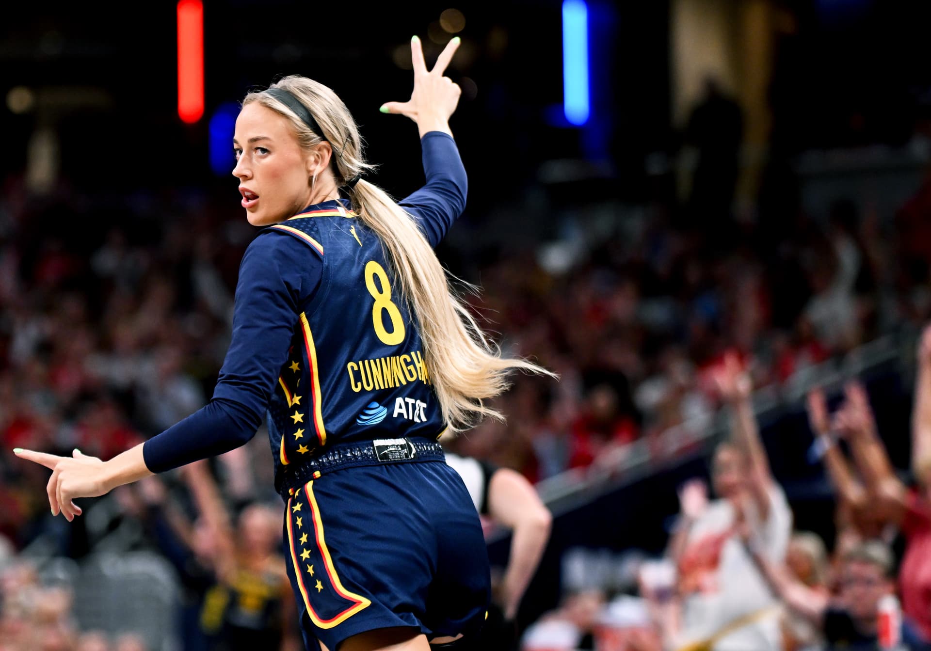 Bobby Goddin/Getty Images Sophie Cunningham of the Indiana Fever reacts against the New York Liberty during the first half at Gainbridge Fieldhouse on July 18, 2026 at Indianapolis.