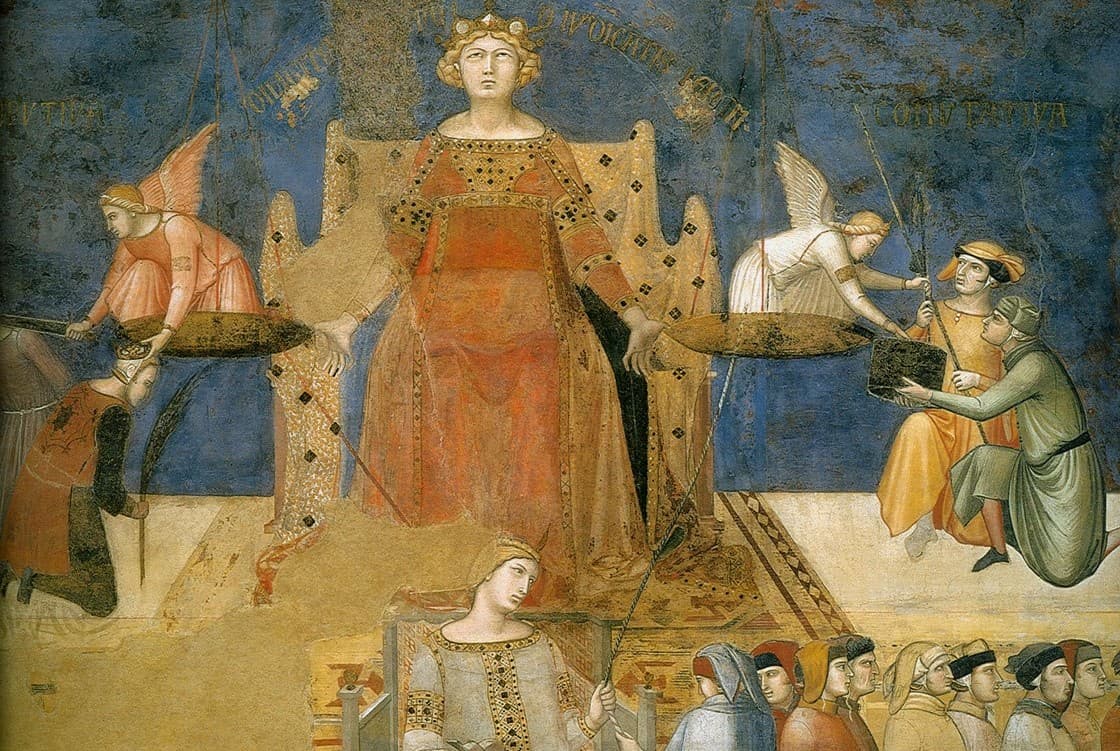 Via Wikimedia Commons The figure of Justice in Ambrogio Lorenzetti's fresco, 'Allegory of Good Government,' detail.