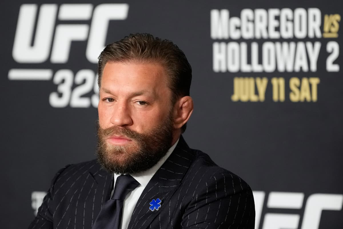 John Locher/AP Conor McGregor speaks during a news conference ahead of Saturday’s UFC 329 mixed martial arts event at Las Vegas on July 8, 2026.
