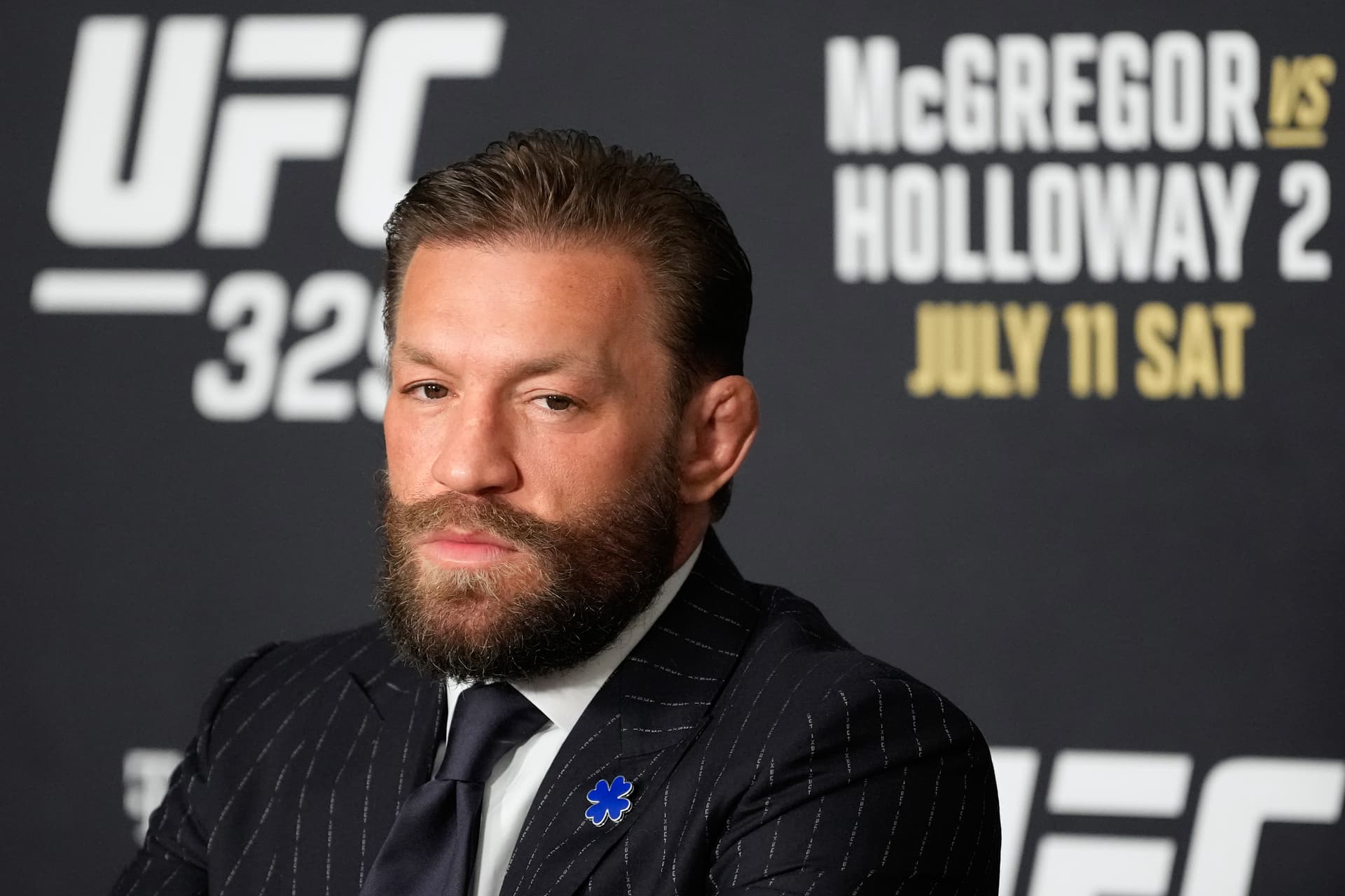 John Locher/AP Conor McGregor speaks during a news conference ahead of Saturday’s UFC 329 mixed martial arts event at Las Vegas on July 8, 2026.