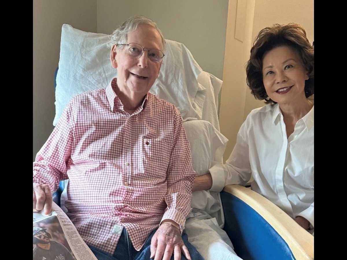 McConnell.senate.gov Senator Mitch McConnell shares a picture of him and his wife Elaine Chao on July 12, 2026, accompanied by a statement about him heading toward rehab following a fall.