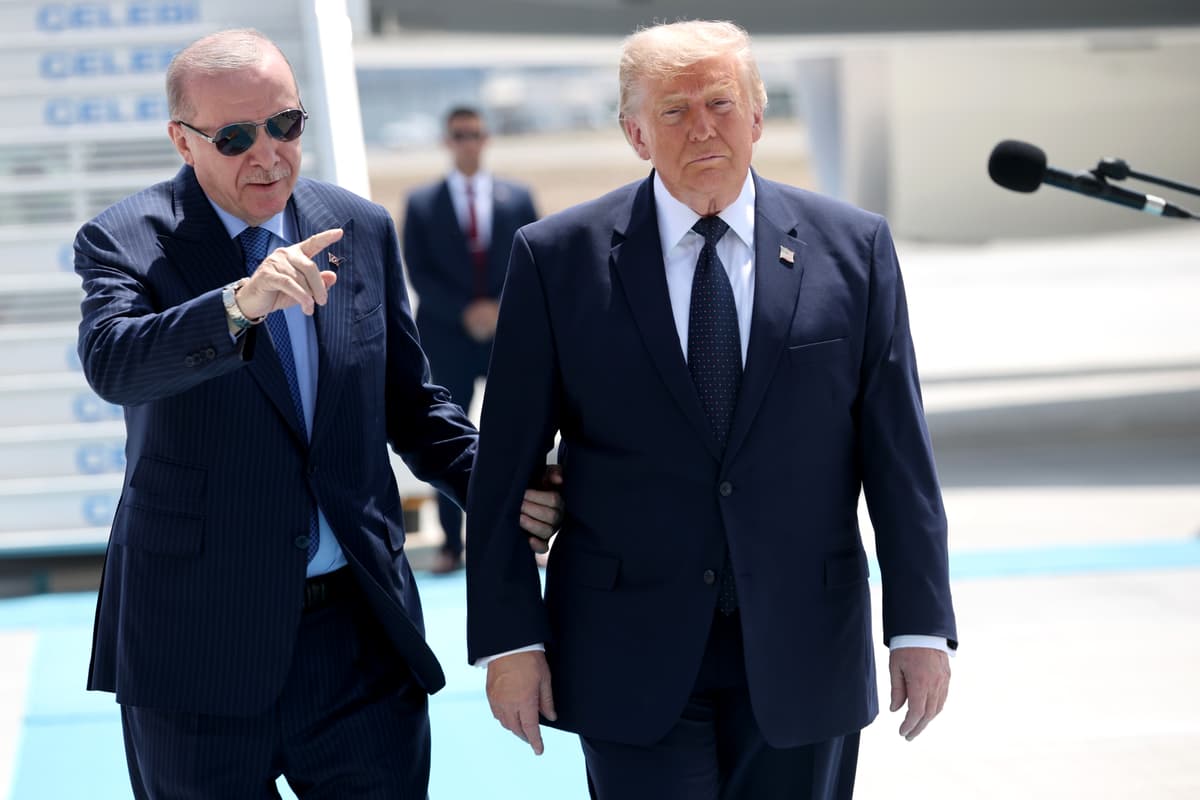 Win McNamee/Getty Images President Trump is greeted by Turkish President Recep Tayyip Erdogan as he arrives at Etimesgut Air Base for the annual NATO Summit on July 7, 2026 at Ankara, Turkey.