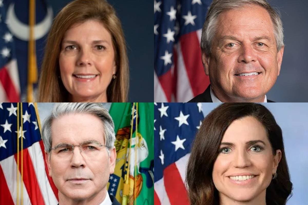 Lieutenant Governor Pam Evette and Treasury Secretary Scott Bessent via X, Representatives Ralph Norman and Nancy Mace via Facebook. South Carolina's Pam Evette, Ralph Norman, Scott Bessent, and Nancy Mace are potential candidates to replace Lindsey Graham in the Senate.