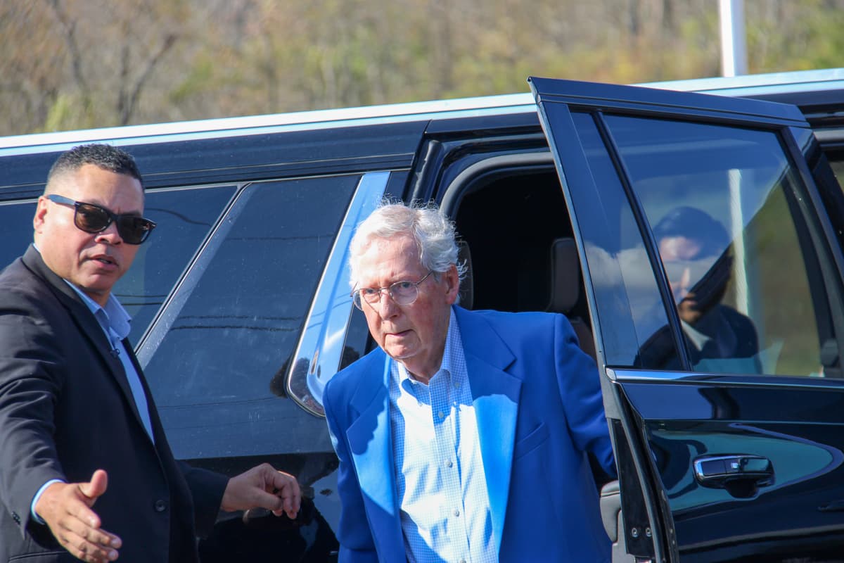 ThatLexingtonKyGuy via Wikipedia CC-by-1.0 Senator Mitch McConnell exits a vehicle on October 30, 2024, in Bourbon County, Kentucky.