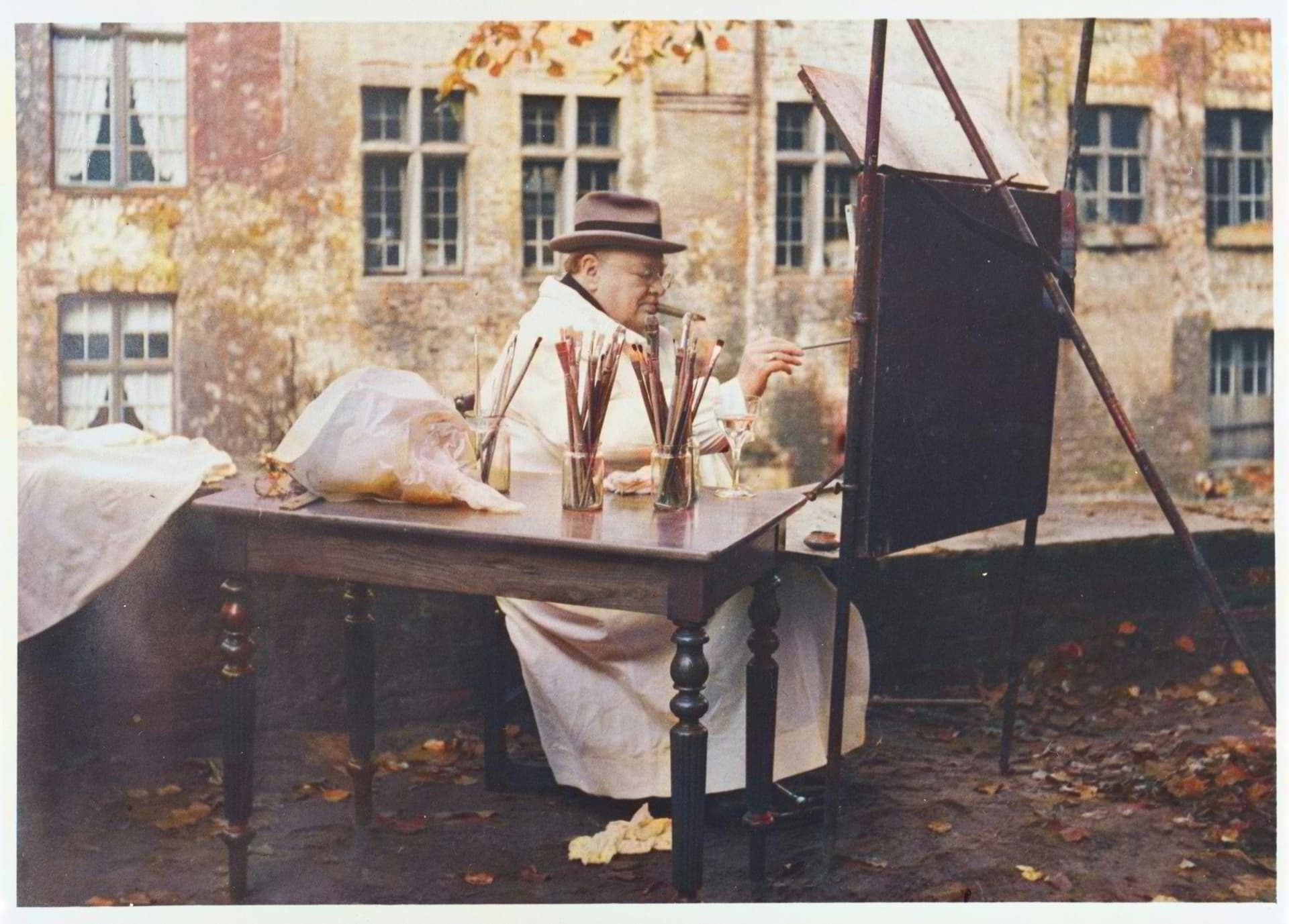 Churchill Archives Centre Sir Winston Churchill painting in Belgium in 1946. Colorized.