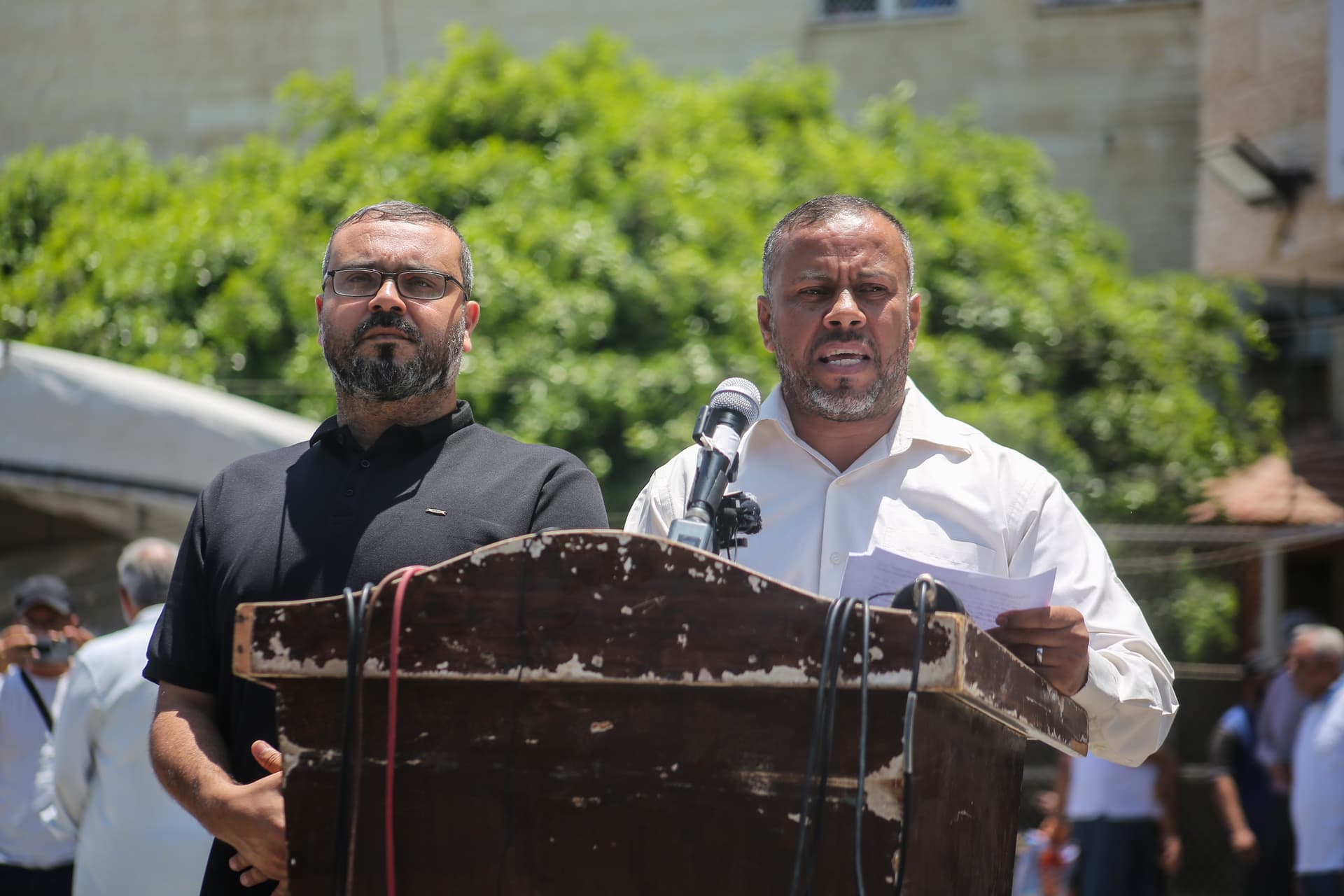 Ahmad Hasaballah/Getty Images Government Media Office Director Ismail Thawabteh (R) and Hamas spokesperson Hazem Qassem speak at a press conference at Al-Aqsa Martyrs Hospital on July 6, 2026 at Deir al-Balah, Gaza.