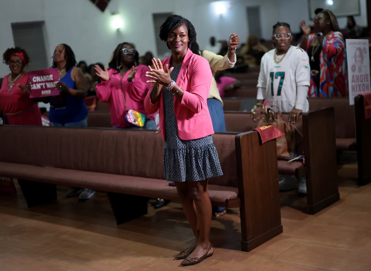 Joe Raedle/Getty Images The Democratic nominee for Senate from Florida, Angie Nixon, on August 17, 2026 at Hallandale Beach.