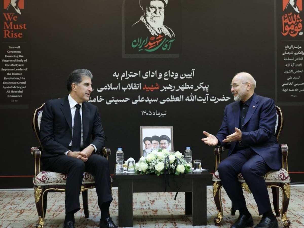 Nechirvan Barzani via X. Kurdistan's regional president Nechirvan Barzani meets with Iran's parliamentary speaker Mohammad Bagher Ghalibaf at Tehran on July 3, 2026.
