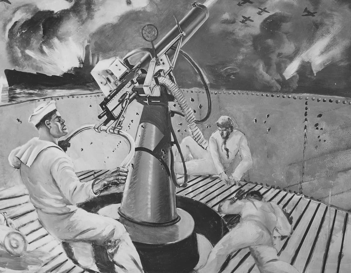 Afro American Newspapers/Gado/Getty Images A mural painted in 1945 depicts sailor Doris 'Dorie' Miller firing an anti-aircraft gun during the Japanese attack on Pearl Harbor on December 7, 1941.