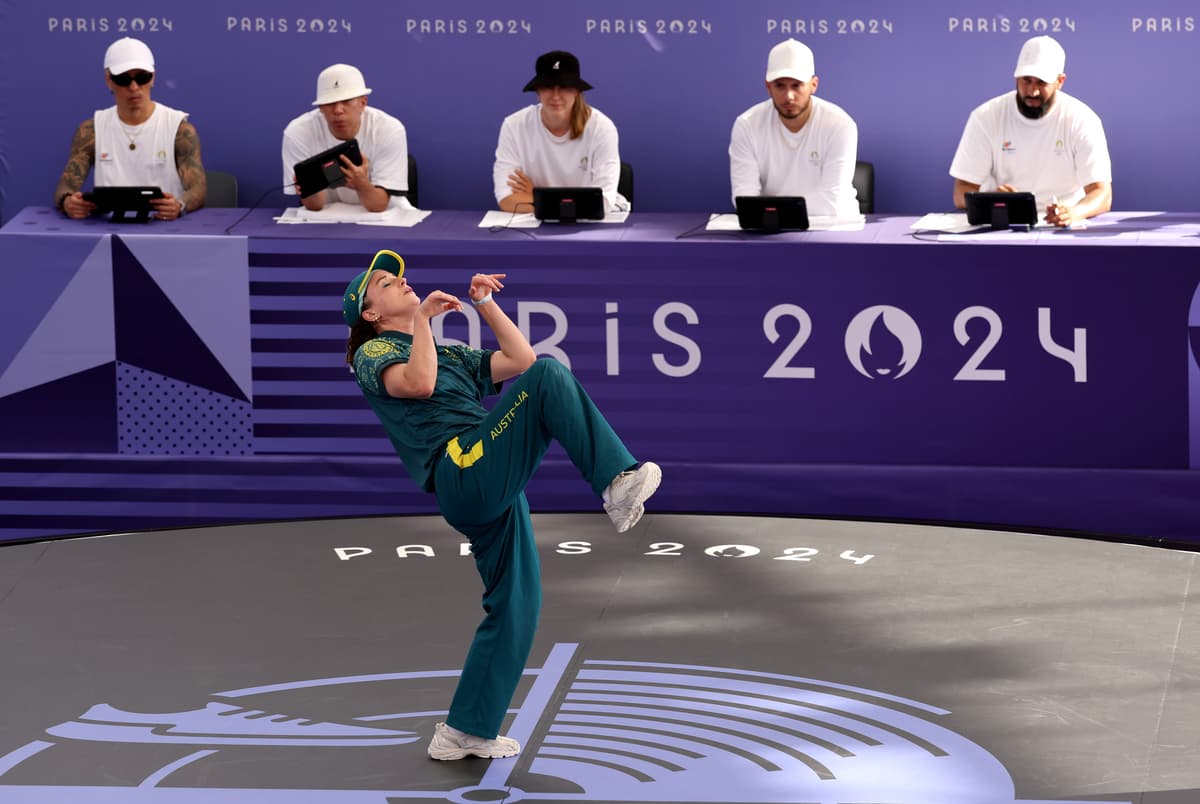 Ezra Shaw/Getty Images Rachael 'Raygun' Gunn of Team Australia
competes during the B-Girls Round Robin - Group B on day 14 of the 2024 Olympic Games at Place de la Concorde, Paris, France, on August 09, 2024.