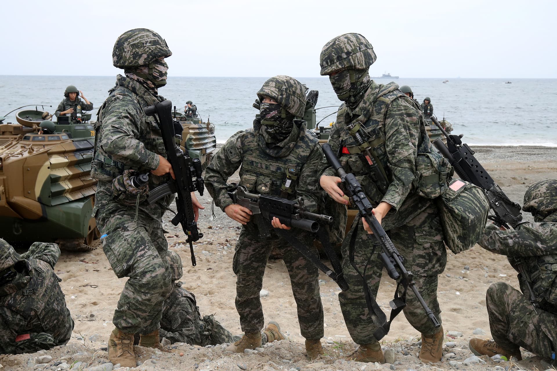 Chung Sung-Jun/Getty Images South Korean marines participate in the Ssangyong (double dragon) exercise at Pohang seashore on September 2, 2024.