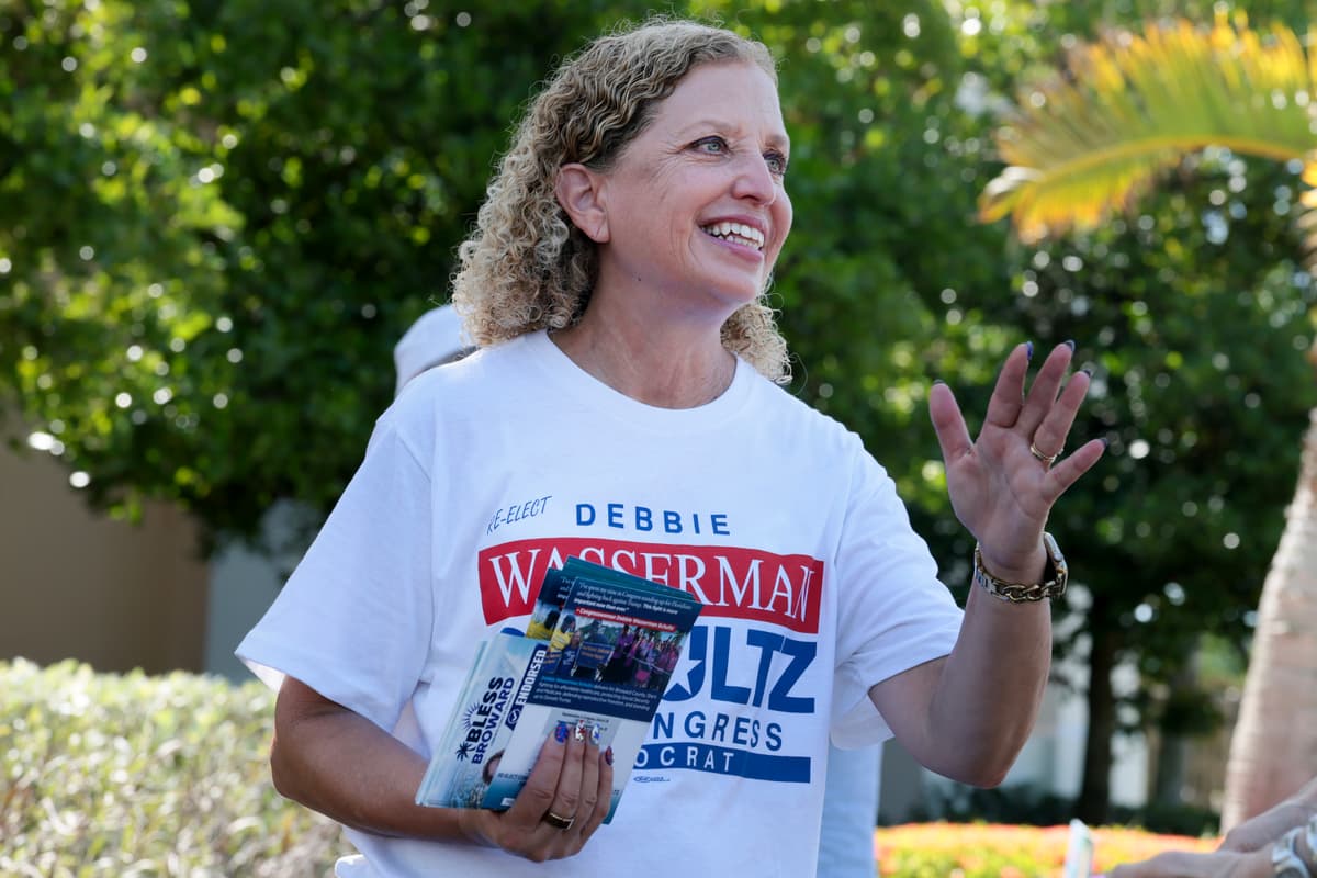 Joe Raedle/Getty Images Debbie Wasserman Schultz campaigns outside of the Kings Point Clubhouse polling station on August 18, 2026, in Tamarac, Florida.