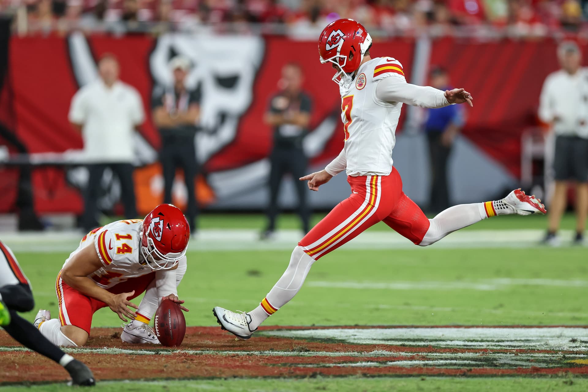 Mike Carlson/Getty Images Kicker Harrison Butker of the Kansas City Chiefs lines up to kick a 69-yard field goal off the hold of Matt Araiza during the first half of a preseason game against the Tampa Bay Buccaneers at Raymond James Stadium on August 22, 2026, at Tampa, Florida.