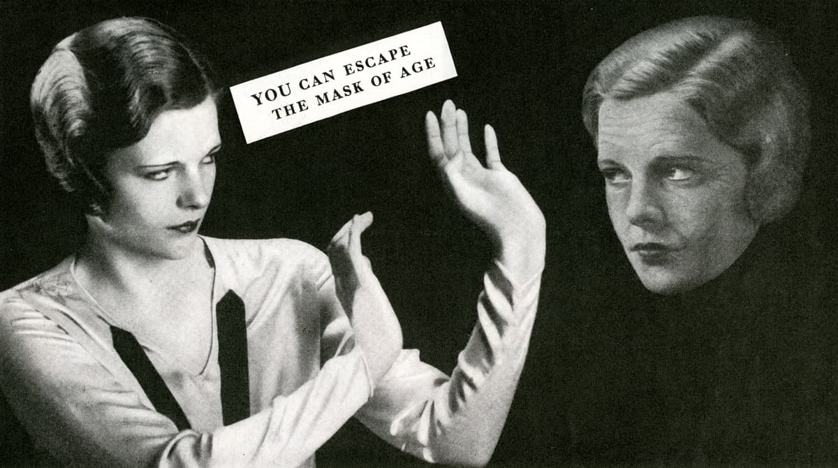 GraphicaArtis/Getty Images Young woman trying to hold back old age; screen print from a photograph, 1926.