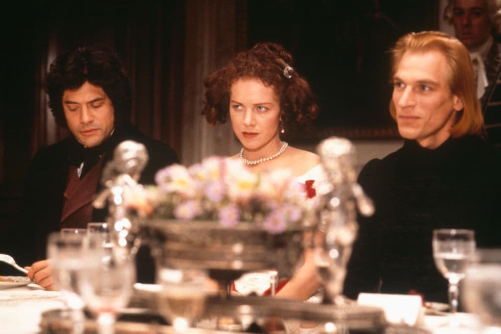 Jean Marie Leroy/Sygma/Sygma via Getty Images Judy Davis as George Sand in 'Impromptu,' 1991, flanked by Georges Corraface and Julian Sands.