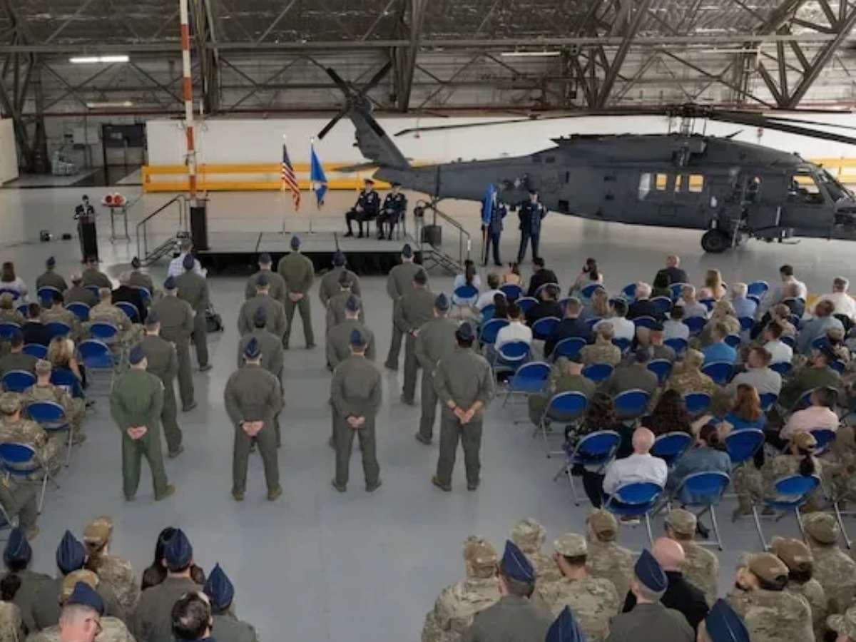 Airman 1st Class Mauricio Hidalgo/U.S. Air Force Airmen assigned to the 1st Helicopter Squadron stand in formation during the 5th Helicopter Squadron activation ceremony at Joint Base Andrews, Maryland, on August 27, 2026.