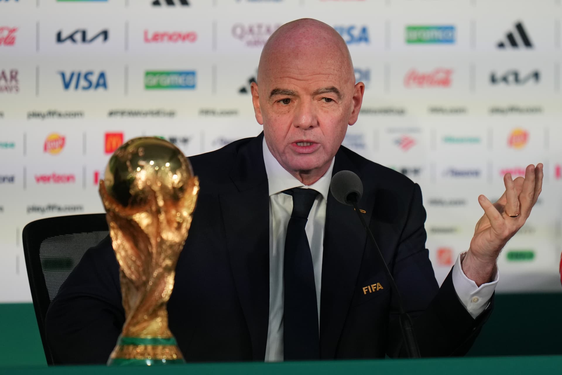 Eduardo Verdugo/AP The FIFA president, Gianni Infantino, speaks during a news conference at Mexico City before a World Cup match between Mexico and South Africa on June 10, 2026.