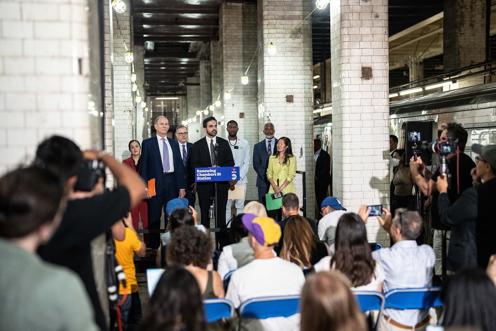 NYC.gov Mayor Zohran Mamdani takes questions from reporters at a press conference about subway platform temperatures held at the Chambers Street Station at Manhattan's Chinatown on August 10, 2026.