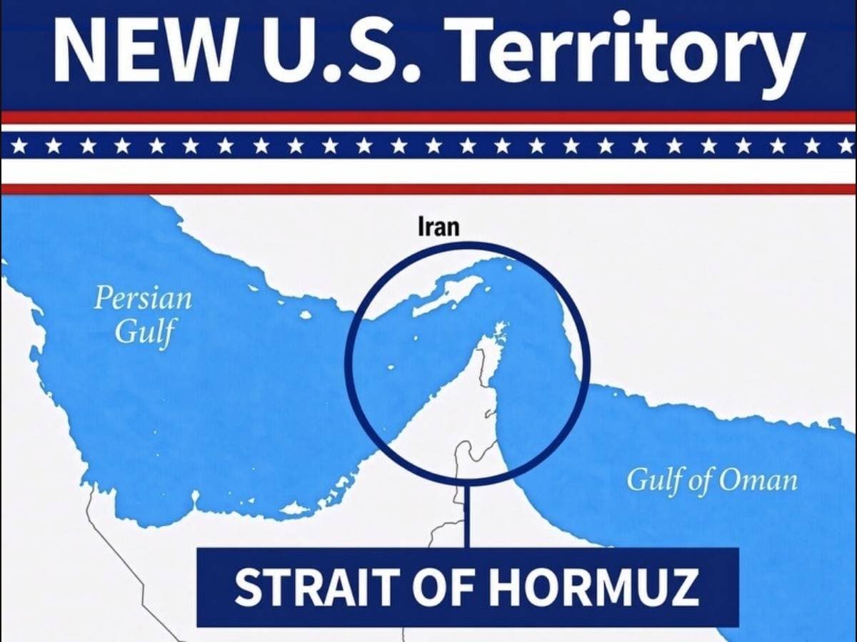 President Trump via Truth Social President Trump posted an image on social media of the Strait of Hormuz, declaring it U.S. territory, on August 18, 2026.