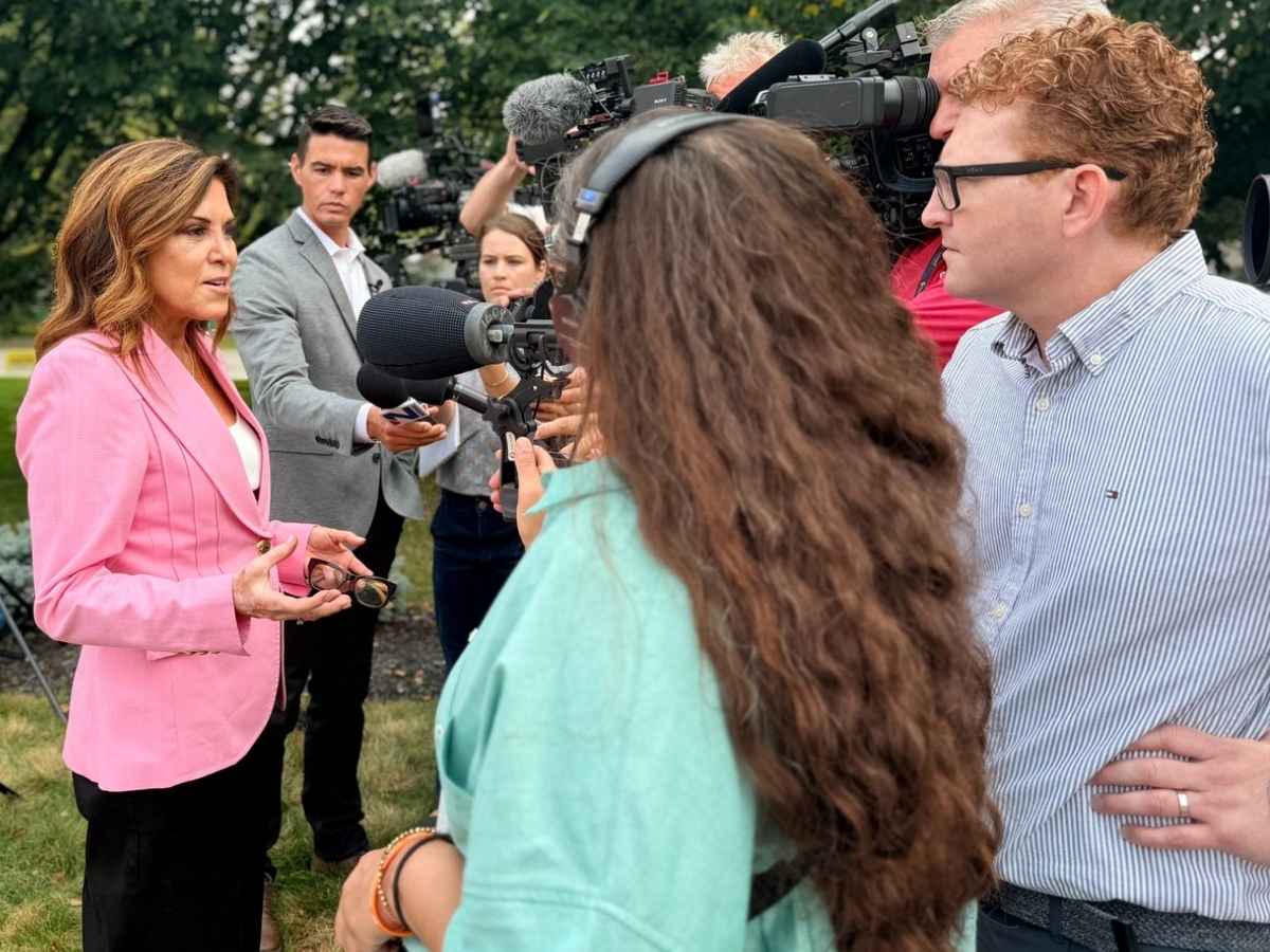 Michelle Tafoya via X. The former NFL reporter and Republican Senate nominee, Michelle Tafoya, speaks with reporters on August 11, 2026, ahead of Tuesday's primary vote in Minnesota.