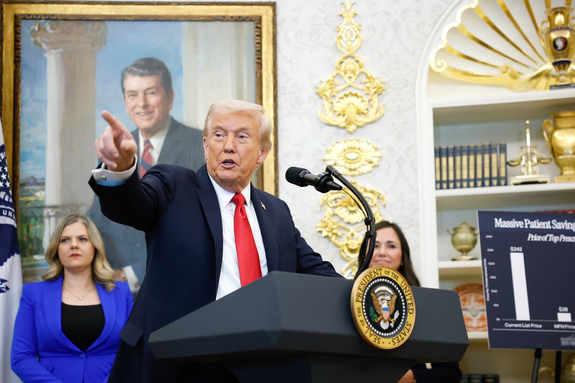Kevin Dietsch/Getty Images President Trump answers questions from reporters after announcing plans to expand access to IVF and infertility coverage at the White House on October 16, 2025.