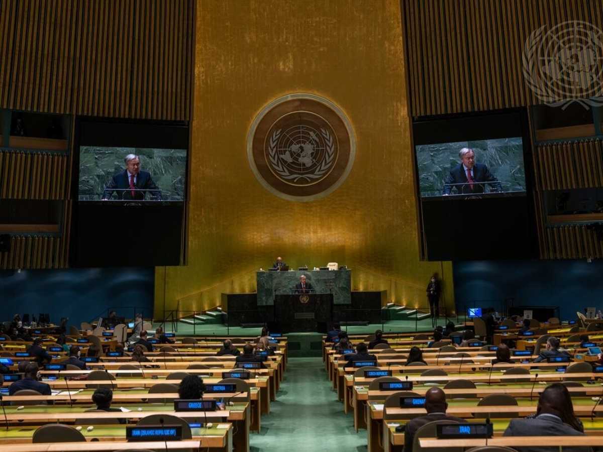 United Nations Secretary-General António Guterres addresses the U.N. General Assembly high-level meeting to commemorate the 20th anniversary of the adoption of the Durban Declaration and Program of Action on September 22, 2021. The themes of the meeting are reparations, racial justice and equality for people of African descent.