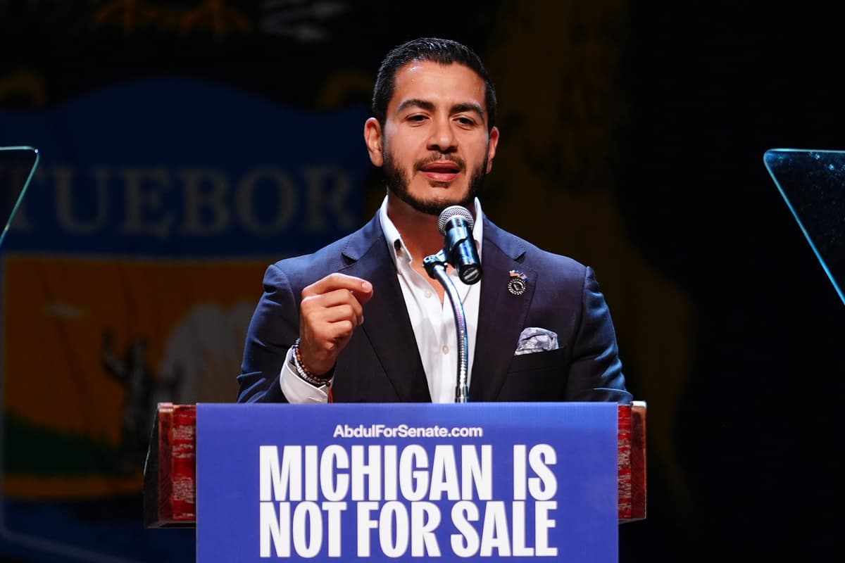 AP/Julia Demaree Nikhinson Senate aspirant Abdul El-Sayed on August 5, 2026, at Detroit's Majestic Theatre.