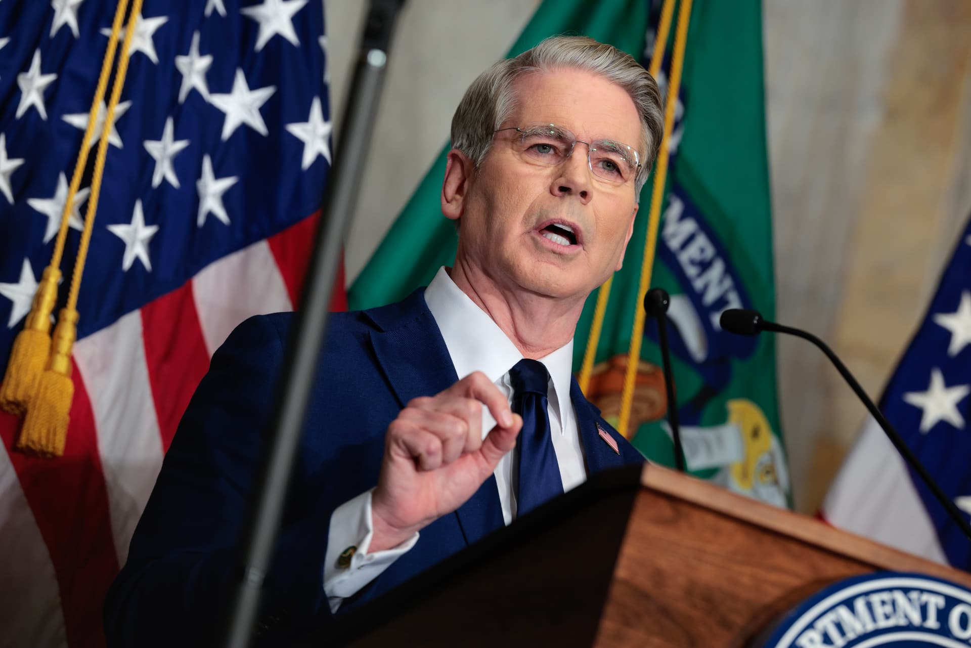 Chip Somodevilla/Getty Images Secretary Scott Bessent announces new sanctions against Iran at the Treasury Department on August 24, 2026.