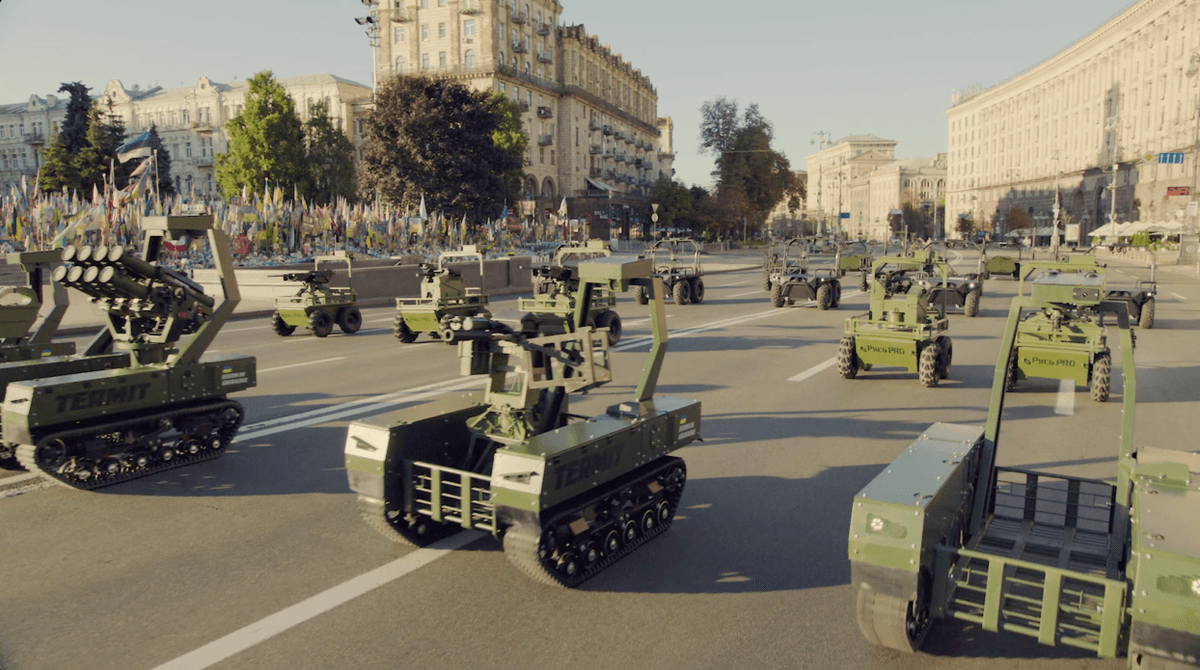 Via office of the president of Ukraine. Drones on the march during Ukraine's Independence Day Parade at Kyiv, August 24, 2026.