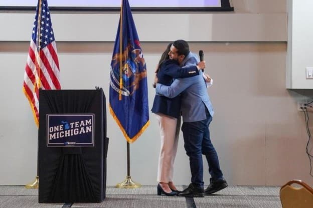 Haley Stevens via X Michigan’s Democratic candidate for Senate, Dr. Abdul el-Sayed, embraces defeated candidate Congresswoman Haley Stevens at an event at Southfield, Michigan, on August 6, 2026.