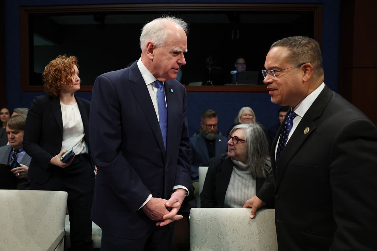 Anna Moneymaker/Getty Images Governor Tim Walz and Attorney General Keith Ellison of Minnesota at the United States Capitol on March 4, 2026.