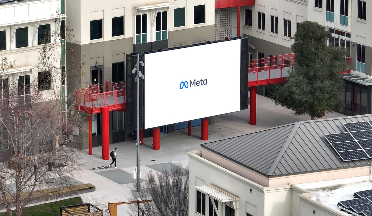 Justin Sullivan/Getty Images A large video monitor on the Meta campus in 2023 at Menlo Park, California.