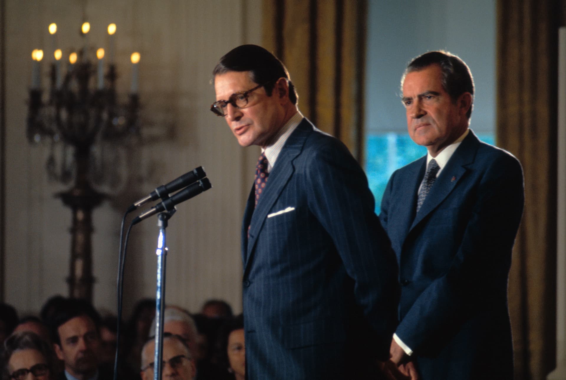 Getty Images The attorney general for five months in 1973, Elliott Richardson, left, with President Nixon at right.