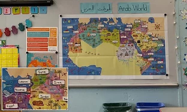 Via X This map of the Arab world, which omits Israel, was funded by the Qatar Foundation International and photographed in a Brooklyn school in January 2024.