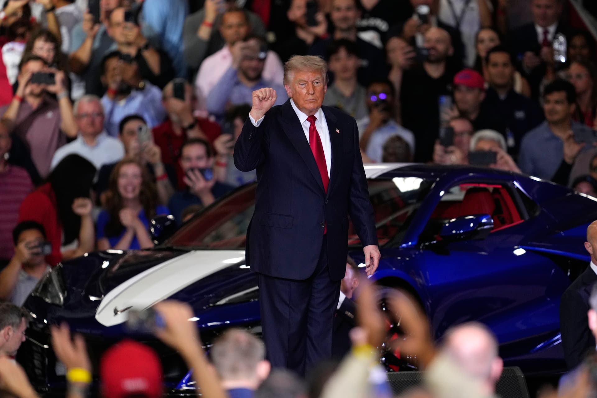 AP/Paul Sancya President Trump at the General Motors Proving Ground, July 27, 2026, at Milford, Michigan.