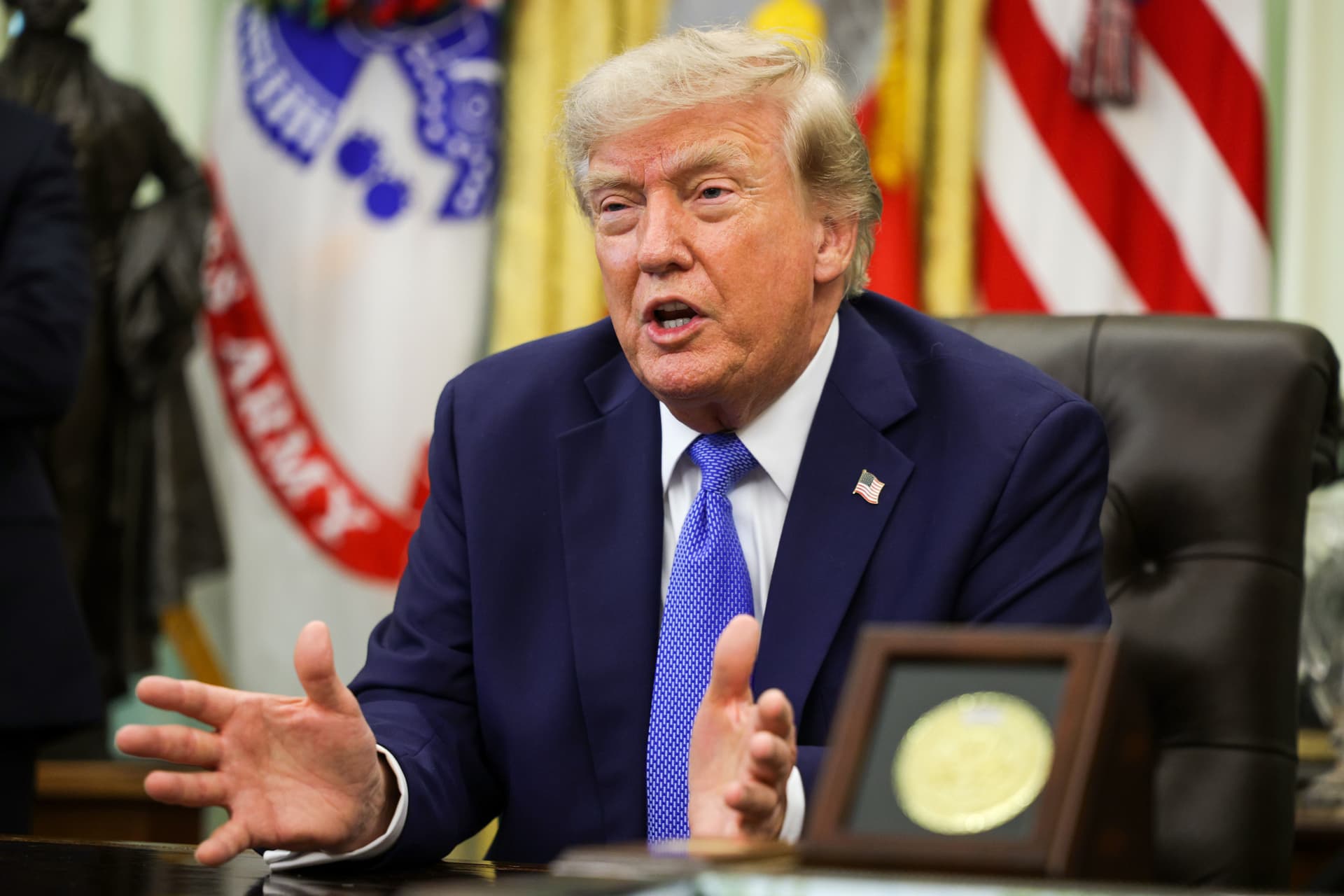 Alex Wong/Getty Images President Trump speaks during an event in the Oval Office of the White House on August 6, 2026.