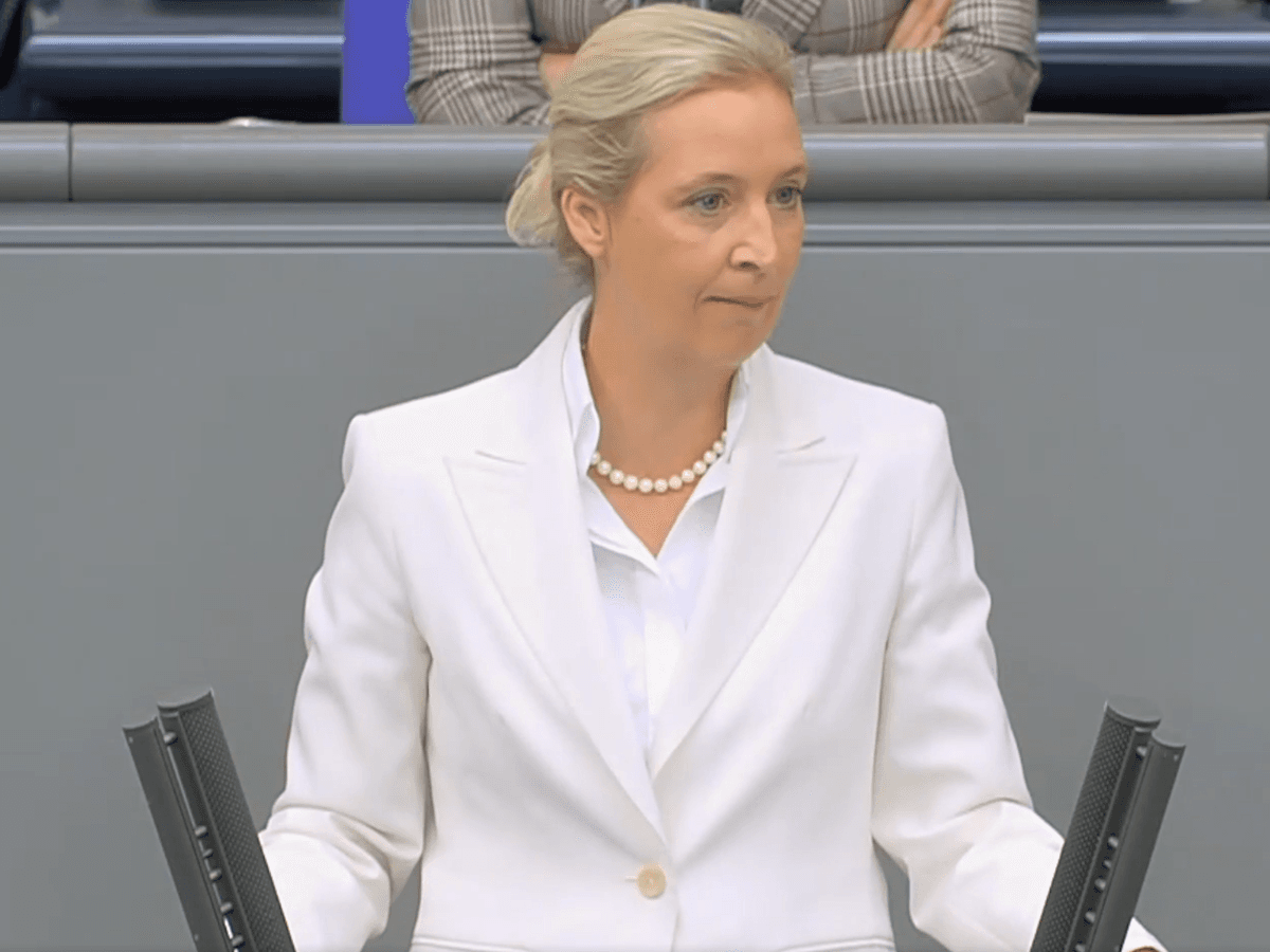 Alice Weidel via X Alternative for Germany co-leader Alice Weidel responds to comments by Chancellor Freidrich Merz condemning her party's immigration policy, at the Bundestag on September 9, 2026.