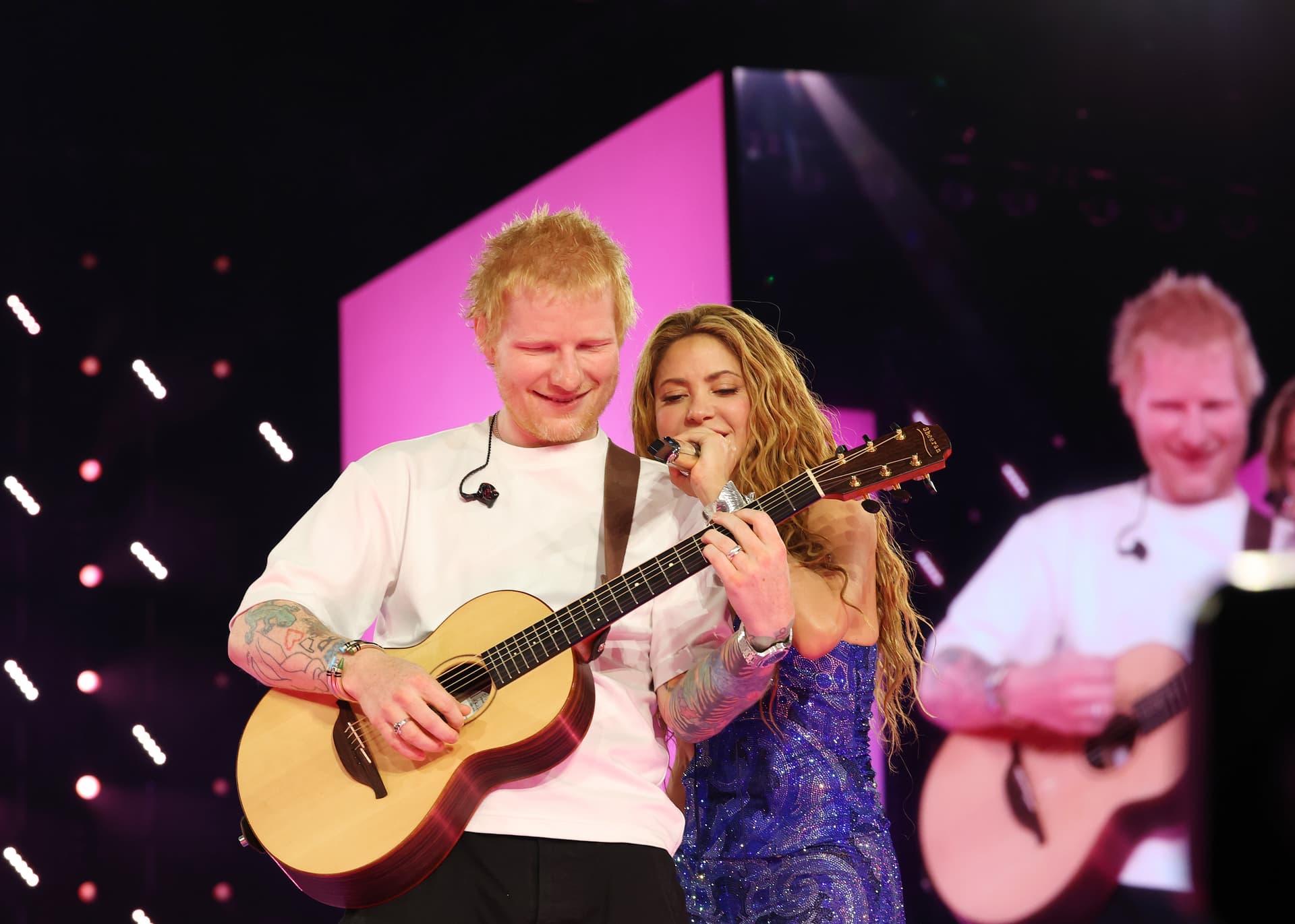 Kevin Mazur/Getty Images Ed Sheeran perform and Shakira perform onstage at Las Mujeres Ya No Lloran World Tour at New York City on July 20, 2026.