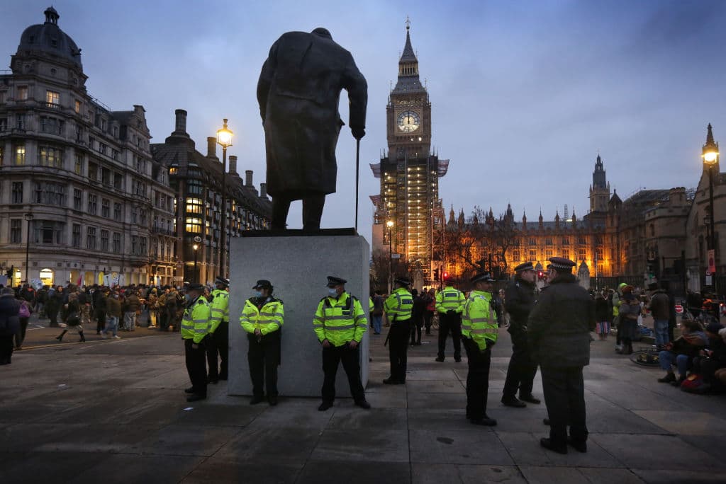 Martin Pope/Getty Images The Churchill statue as light falls in Parliament Square on January 15, 2022 at London, United Kingdom.