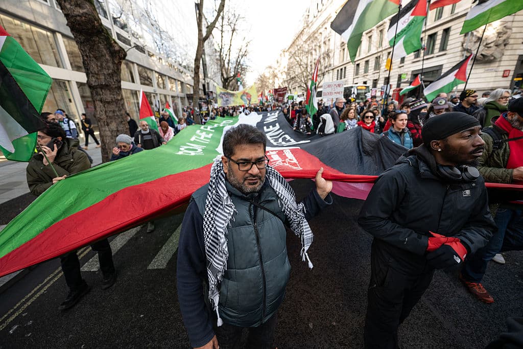 Guy Smallman/Getty Images Protesters take part in a national march for Palestine on January 31, 2026 at London, England.