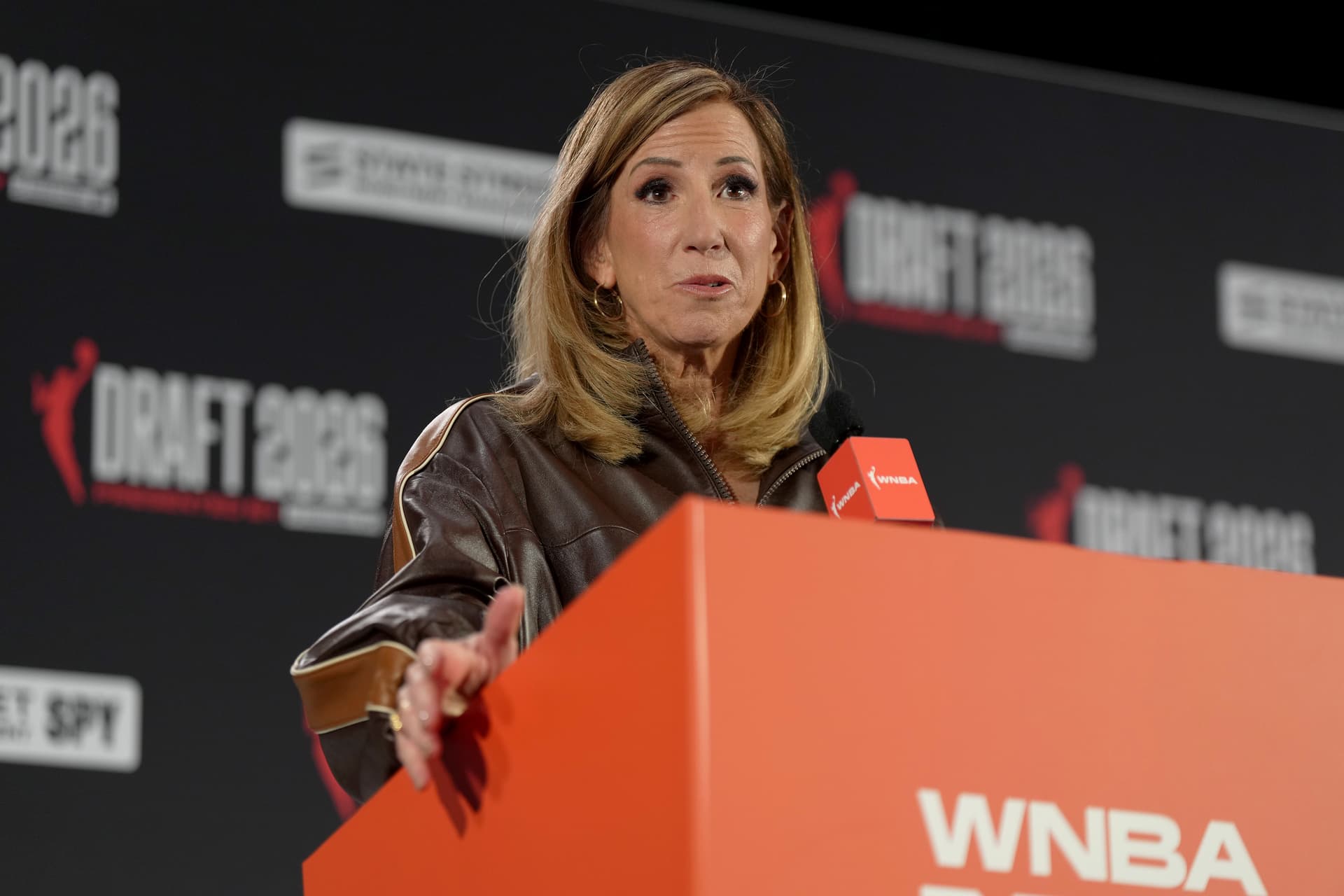 Angelina Katsanis/Getty Images WNBA Commissioner Cathy Engelbert speaks prior to the 2026 WNBA Draft at The Shed on April 13, 2026, at New York City.