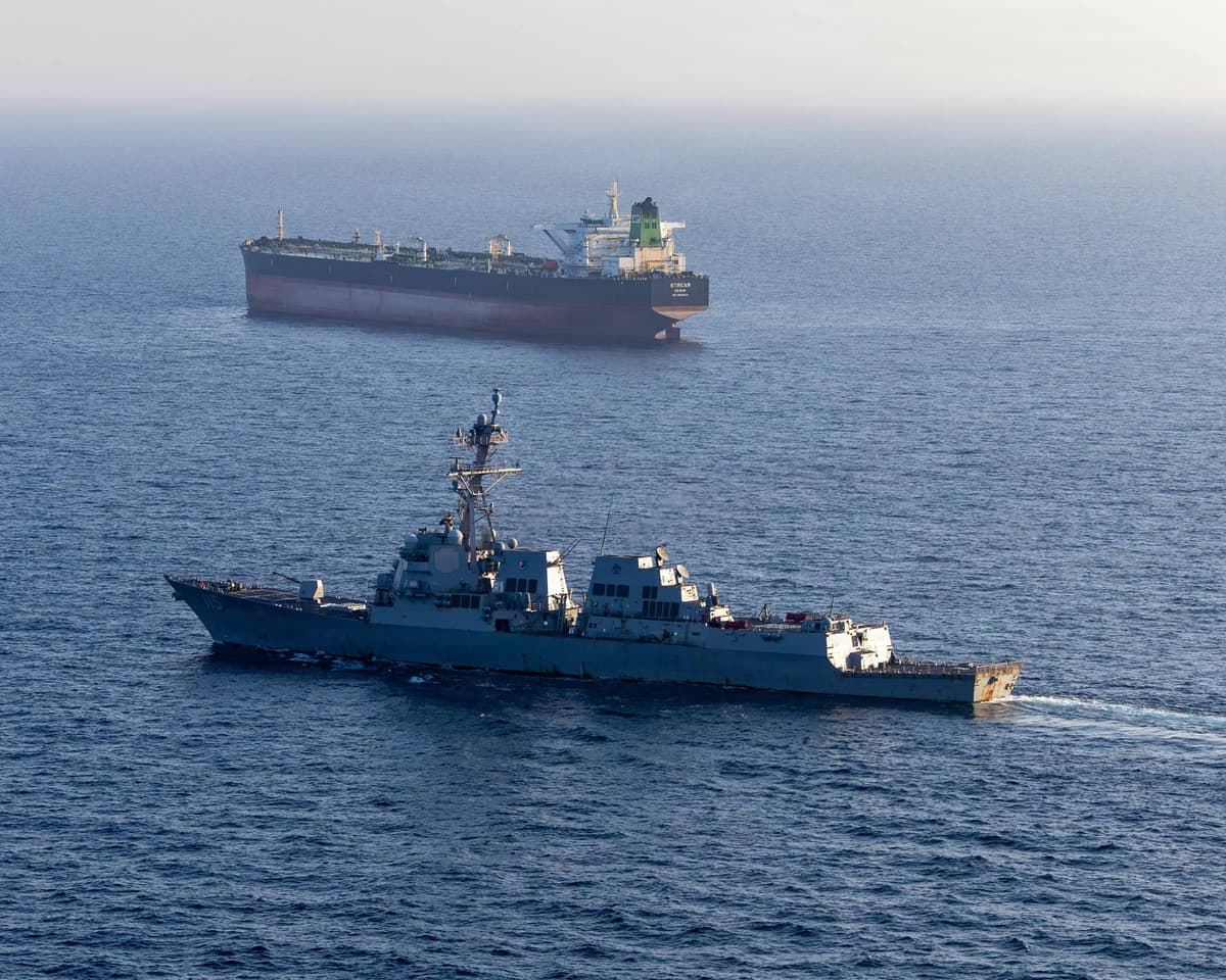 Handout photo by U.S. Navy via Getty Images USS Rafael Peralta implements a maritime blockade against an Iranian-flagged ship.